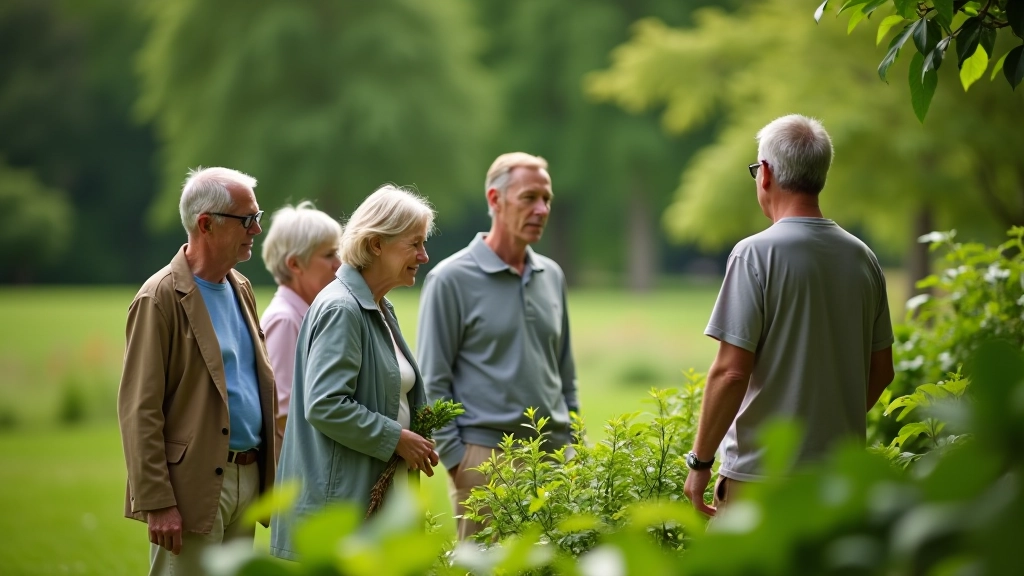 Pensionāri pastaigā parkā ar ceļvedi