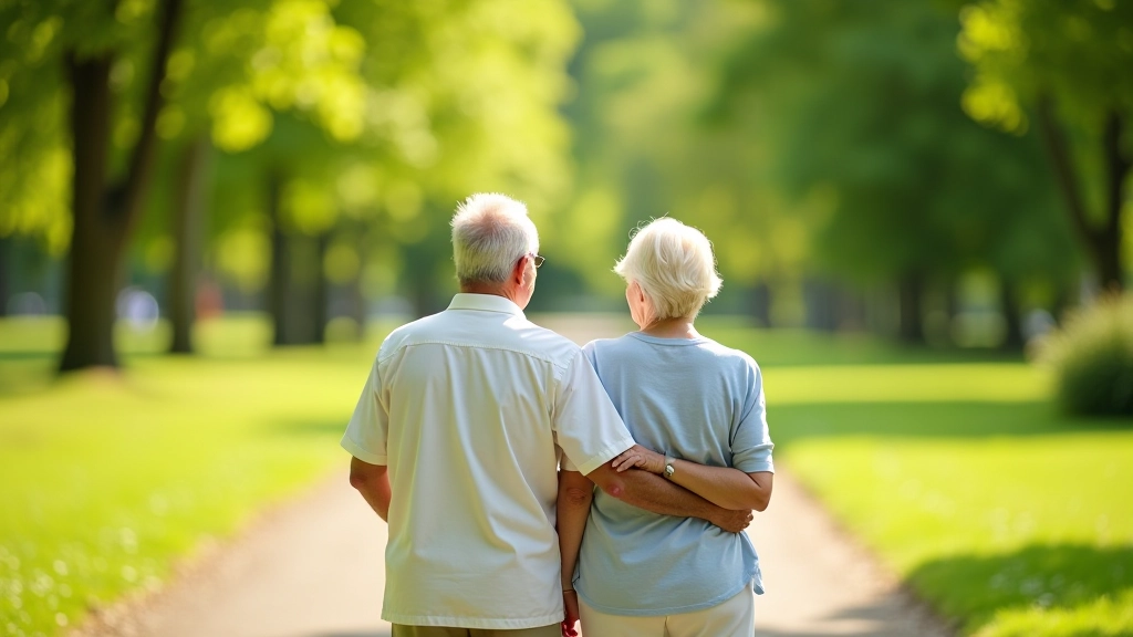 Seniori pastaigā Jūrmalas parkā — vidēja mēroga attēlojums, pāra pastaigas vasarā, skaista vide